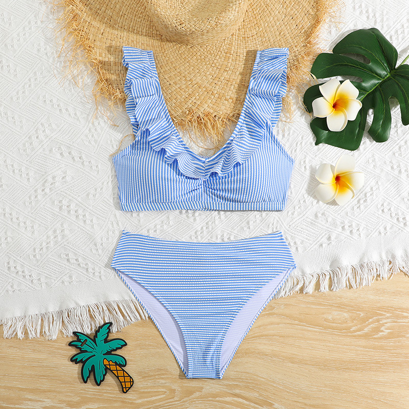 2024 European and American New Children's Swimsuit Girls' Big Boy Split Amazon Teen Striped Two-piece Swimsuit for Girls