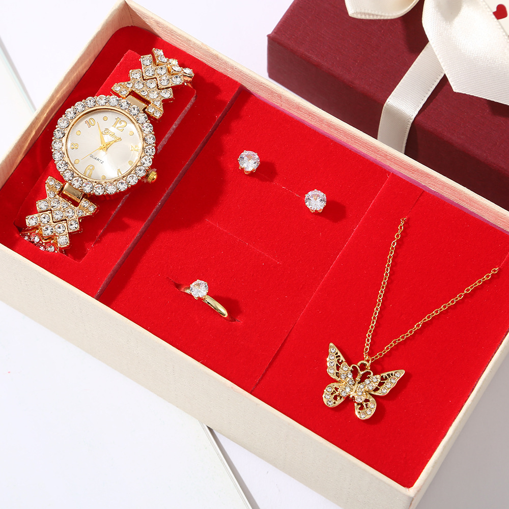 Women's Gift Set, Full Diamond Watch, Stainless Steel Necklace, Butterfly Jewelry, Gift for Mom on Chinese Valentine's Day, Valentine's Day Gift