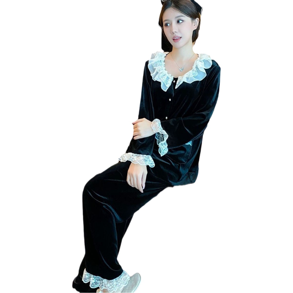 [Terciopelo de oro] pijamas de estilo francés para mujeres 2023 nuevo desgaste casero estilo corte dulce pijamas traje de manga larga Otoño e Invierno