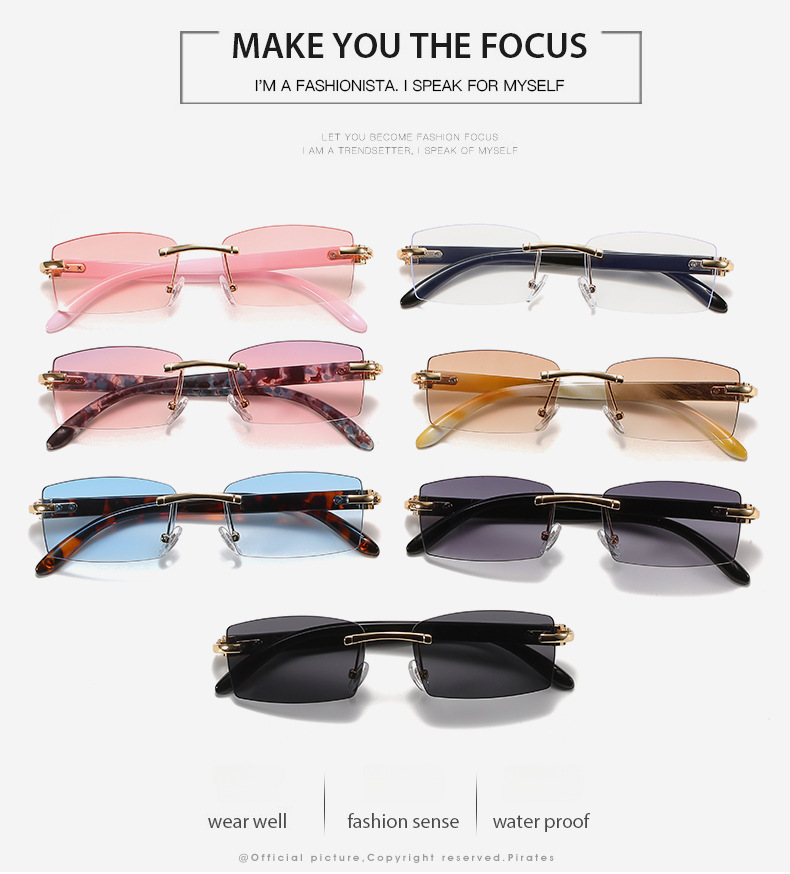 2021 Neue rahmenlose Sonnenbrille in Box, europäische und amerikanische Mode, Hornbesatzbrille, personalisierte Sonnenbrille in Geleefarbe für Frauen_voghion.com