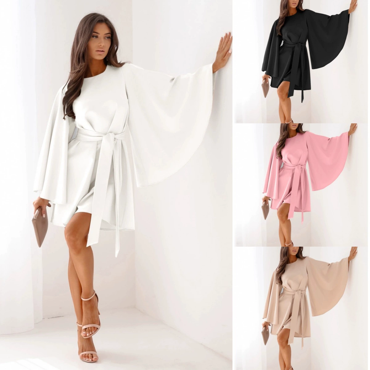 2025 независимая станция желает Amazon новое осеннее модное платье для женщин с круглым вырезом, рукавами-колокольчиками и поясом в однотонном цвете