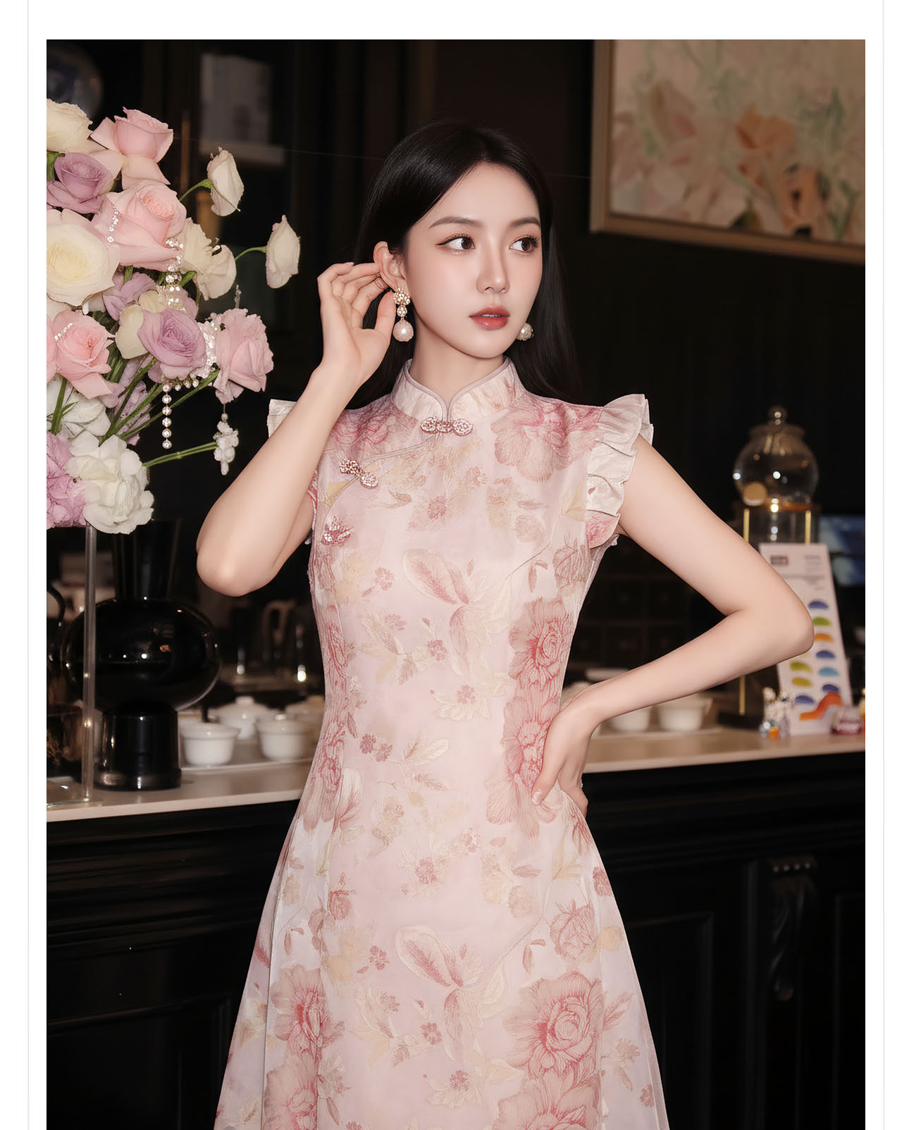 Đầm maxi nữ thắt eo họa tiết hoa nhí tay bèo phong cách Tân Trung Quốc — màu hồng chi tiết 2