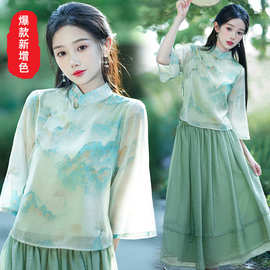 千里江山图春晚演出中式唐装女改良中国风女盘扣唐装汉服套装夏季