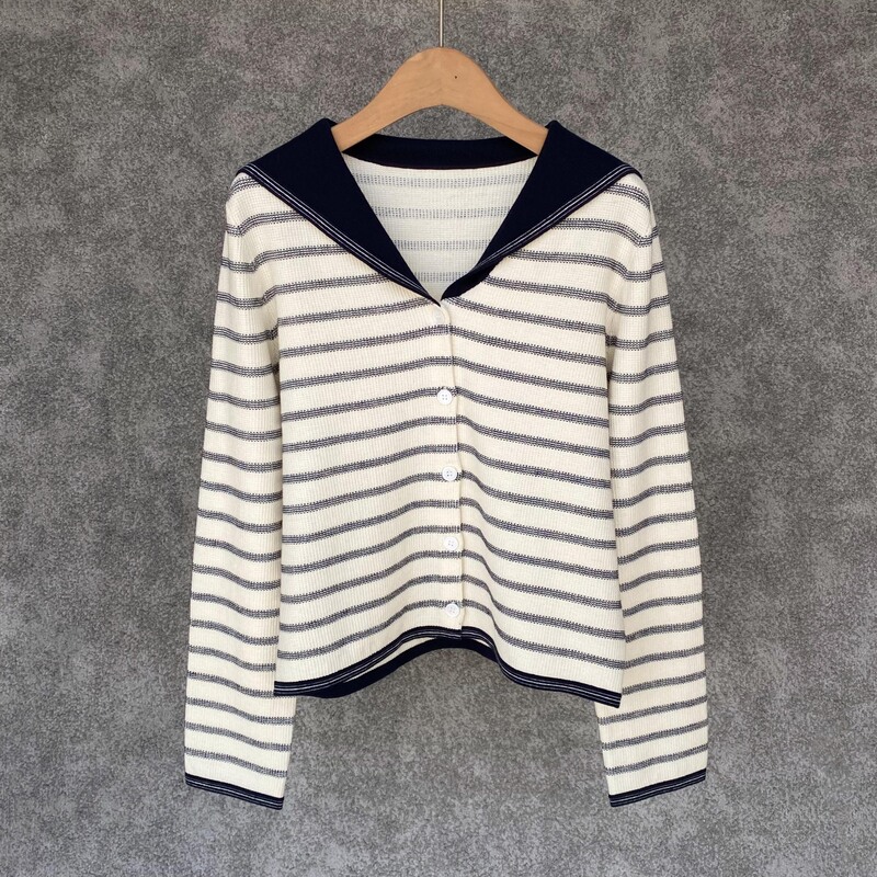 Factory Wholesale Dropshipping Xiaohuo 5-Day Delivery Ic Navy Collar Striped Long-Sleeve Cardigan 418 Cotton Cashmere Knitwear