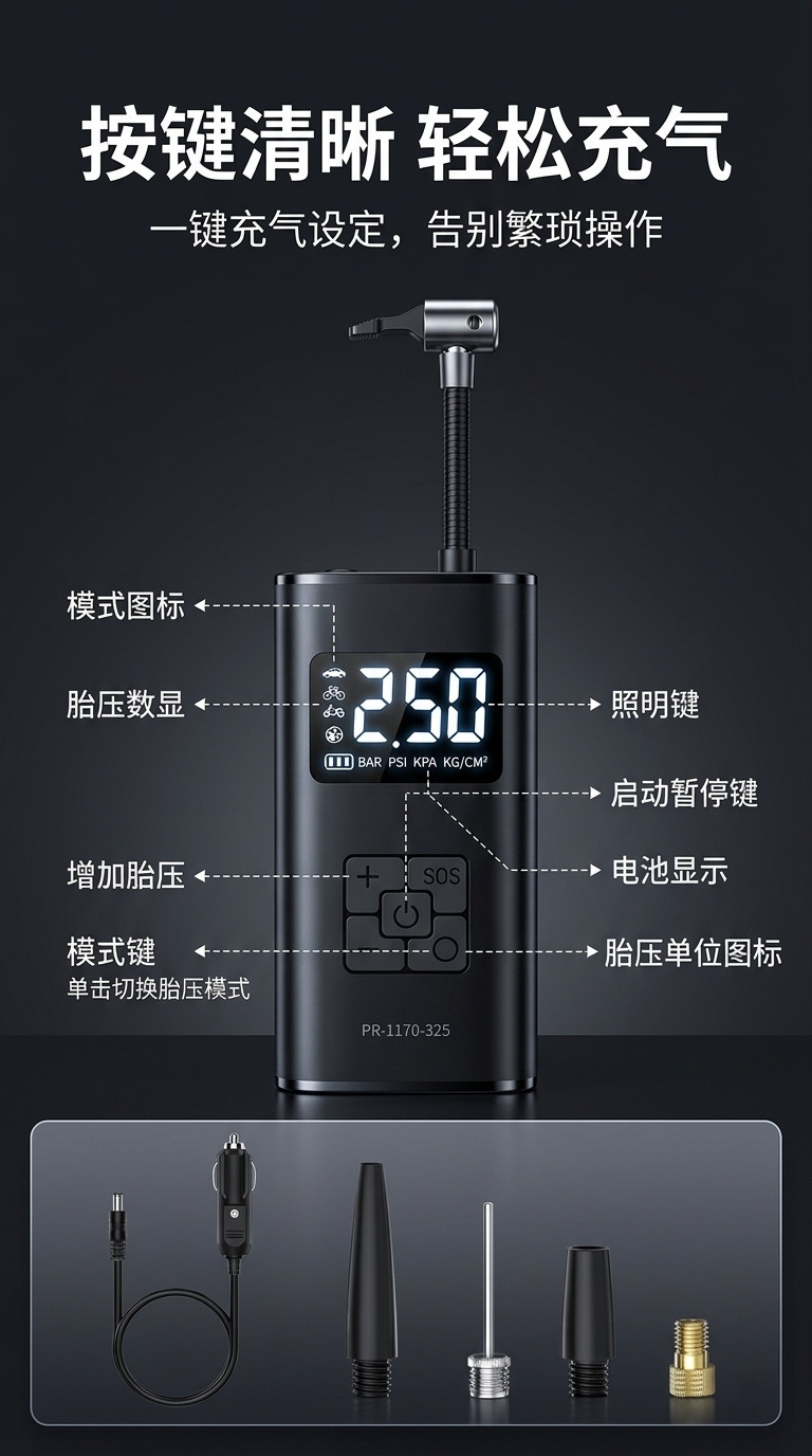 Suriu Smart Fast-Charging Car Wireless Air Pump with Digital Display for Car and Motorcycle with Automatic Start/Stop Function