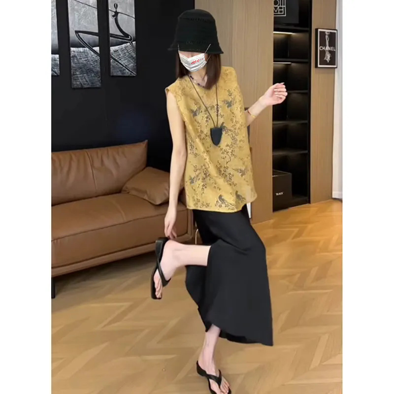 新中式国风无袖提花镂空背心衬衫女2025新款设计感小衫半身裙套装|undefined