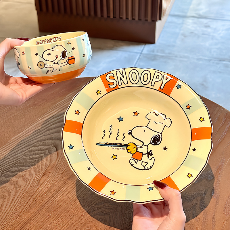 Snoopy Rice Noodle Bowl Cute Kidsren's One-Person Food Bowl and Plate Ceramic Tableware Set Couple Dishes Breakfast Plate