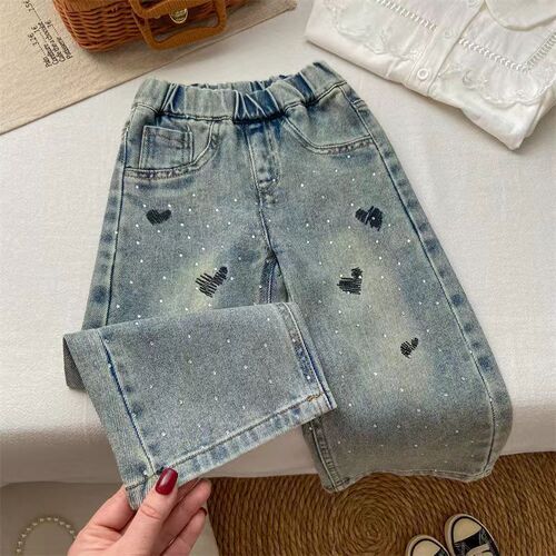 Baby Girl's Jeans Winter Autumn New Children Straight Leg Pants Little Kids Narrow Wide Leg Pants Embroidered Diamond Jeans