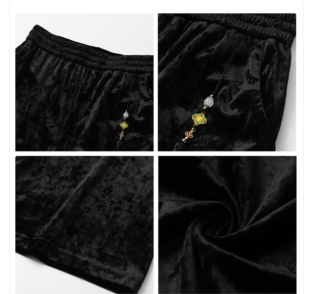 Quần ống rộng nhung lụa kiểu Trung Quốc mới, jacquard màu trơn, phong cách văn nghệ — Màu đen, Màu vàng, Màu hồng, Màu mơ chi tiết 33