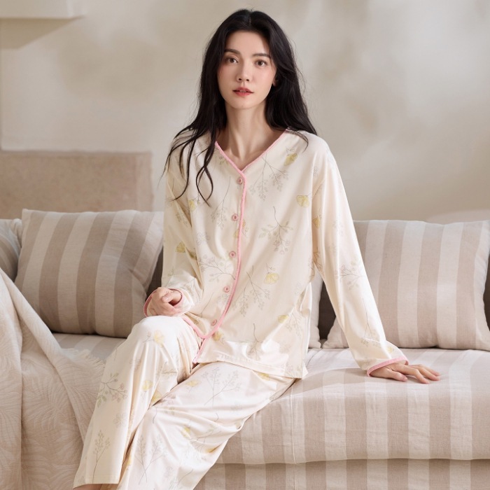 实体批发现货发春秋季新款长袖睡衣女士棉质开衫V领休闲家居服套|undefined