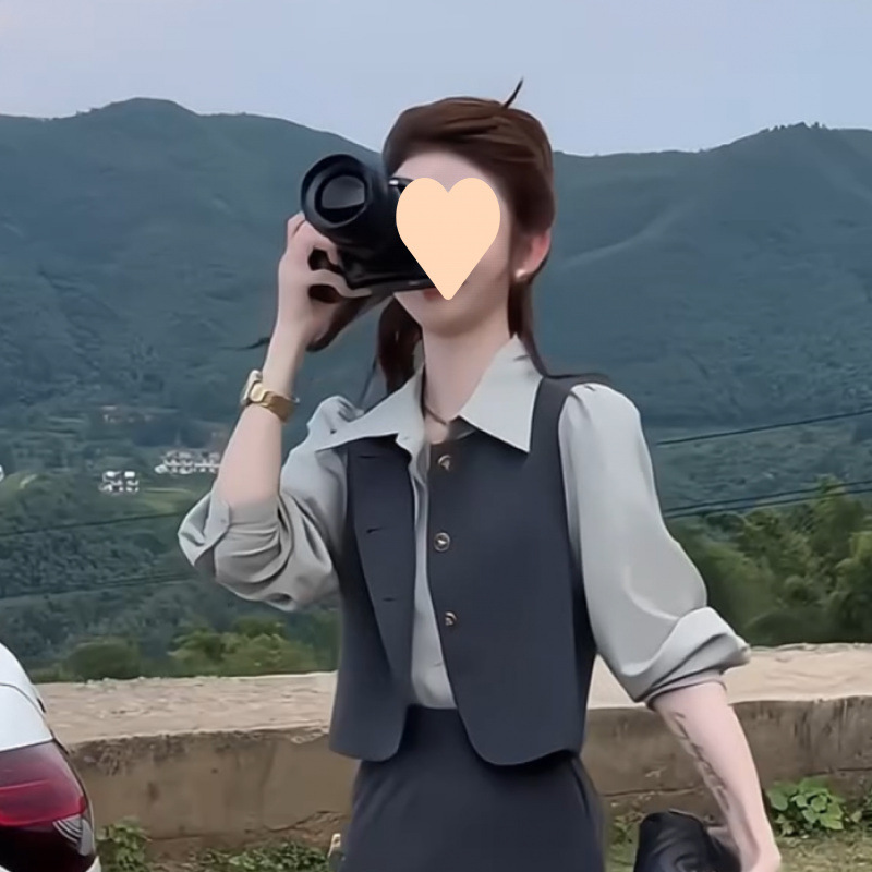 小个子减龄气质套装女2025春季新款长袖衬衫马甲长裤显瘦三件套|undefined