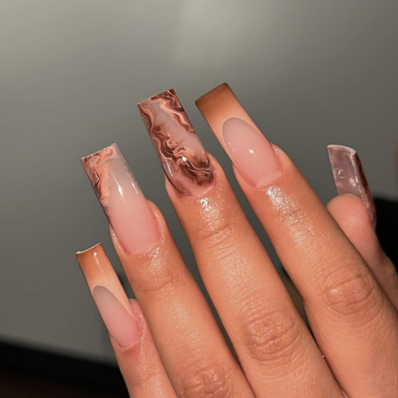 Brown Gradient French wear nail marbling blooming fake nail autumn and winter atmosphere sense nail patch coffin nail