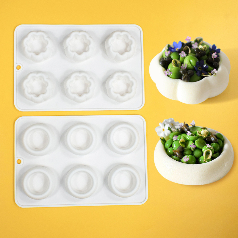 6-Piece Flower-Shaped Small Flower Pot French Mousse Mold Round Groove Chocolate Silicone Mold DIY Cake Baking Tool