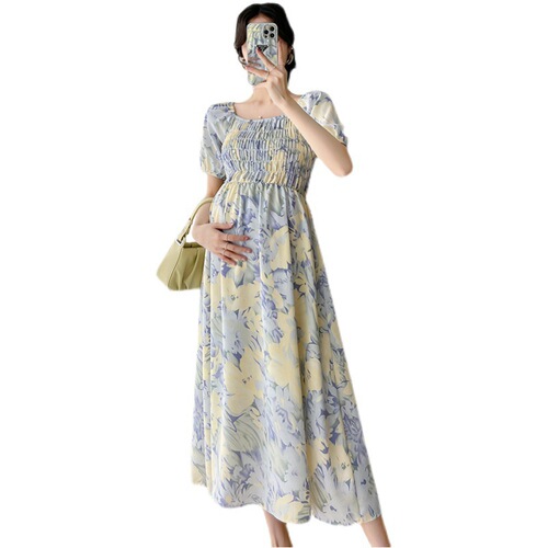 2024 Maternity Dress Summer Wear Floral Design Long Skirt with Print for Pregnancy Period, Short-Sleeve Nightgown for Pregnant Women – Perfect for Summer