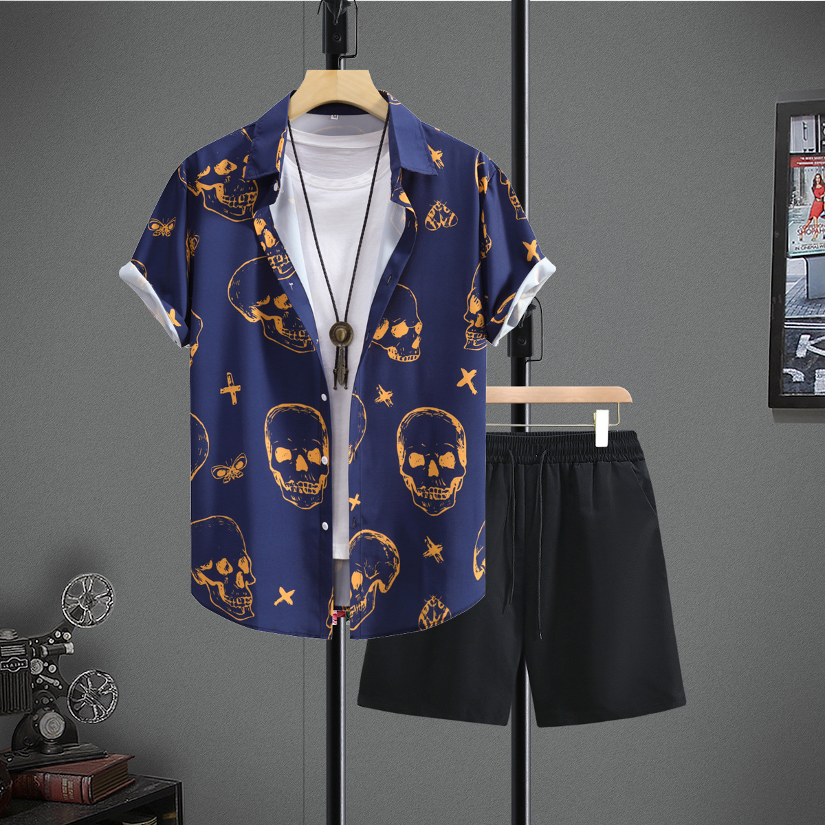 네이비 두개골 검은 바지