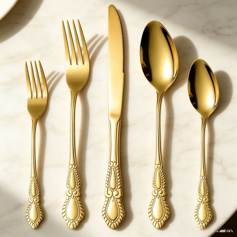 Stainless steel cutlery set with high aesthetic value, embossed peacock design, creative cake and fruit utensils, vintage gold tableware set Stainless steel cutlery set with high aesthetic value, embossed peacock design, creative cake and fruit utensils, vintage gold tableware set