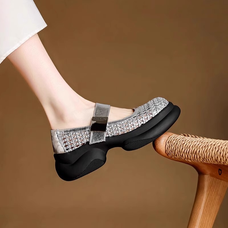 In Stock~Sheepskin Cut Out Beach Mary Jane Sandals for Women 2025 New Heightening Thick-Soled Woven Silver Roman Shoes
