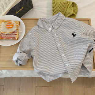 Tong Chenchen Mom Men's Children's Wear Striped Shirt Baby's Top Autumn Clothes Children's Long Sleeve Preppy Style Shirt Cartoon All-Match