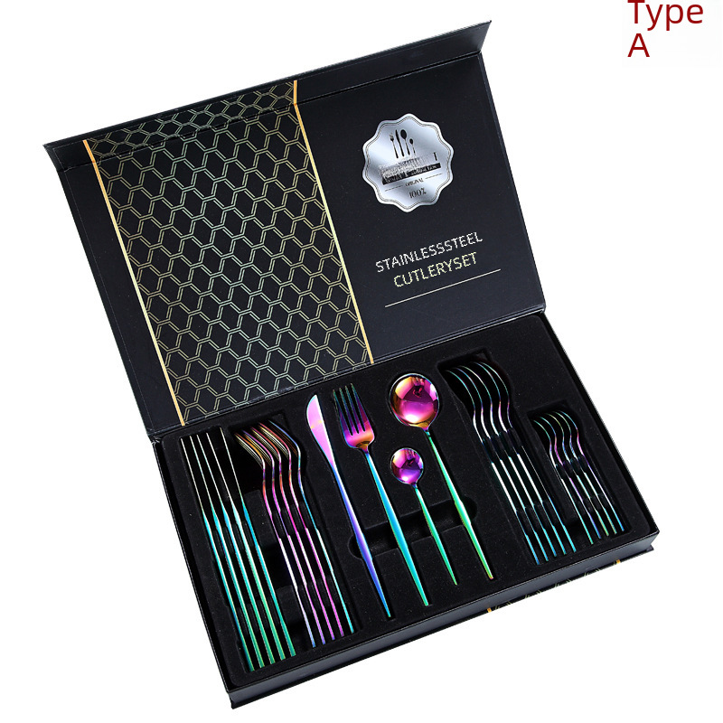 Cross-border direct sales 24-piece stainless steel tableware set, popular Portuguese gold-plated painted knife, fork, spoon, Western-style tableware