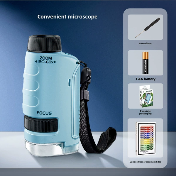 Handheld microscope, battery, sample, science