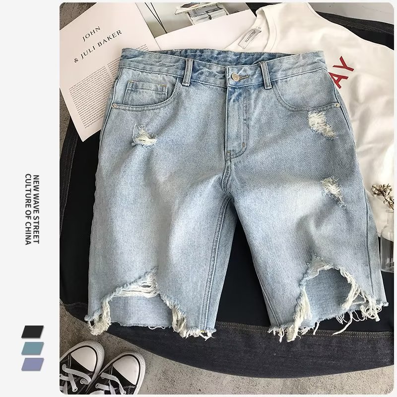 Summer Thin Five-point Denim Shorts Men's Korean-style Trendy Rapped Slim-fit Casual Trendy Brand Pants Men's Five-point Breeches