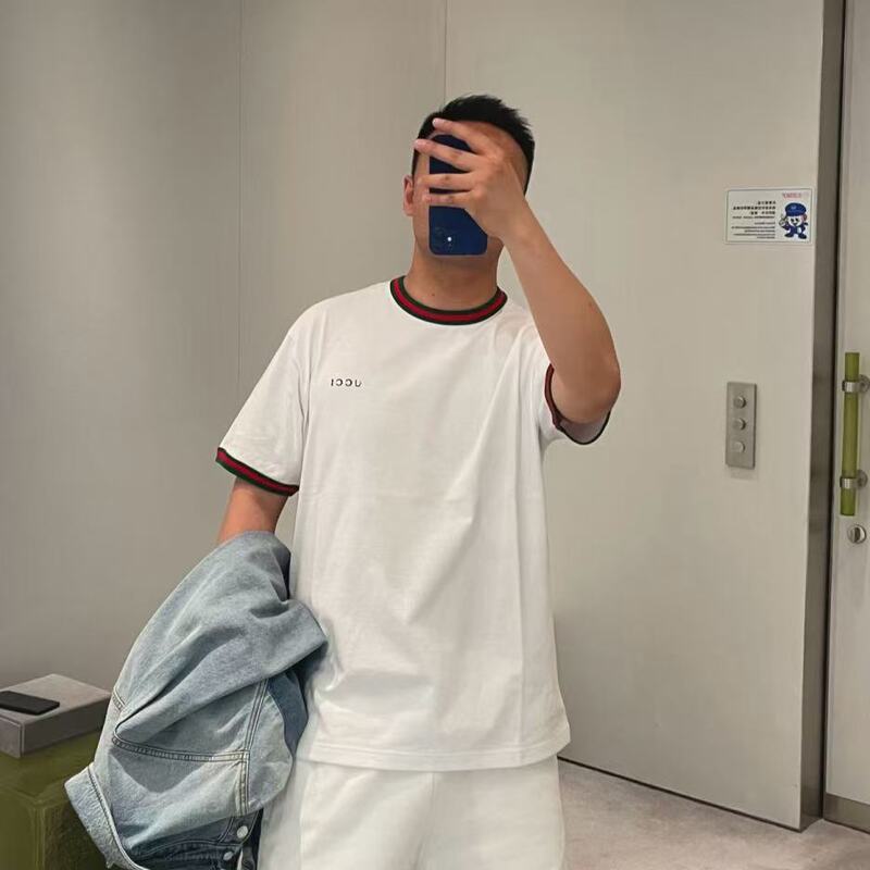 Cross-Border Men's T-Shirt Gu Gujia 2026 New Style Letter Embroidery Red and Green Webbing Round Neck Short Sleeve High-End Version
