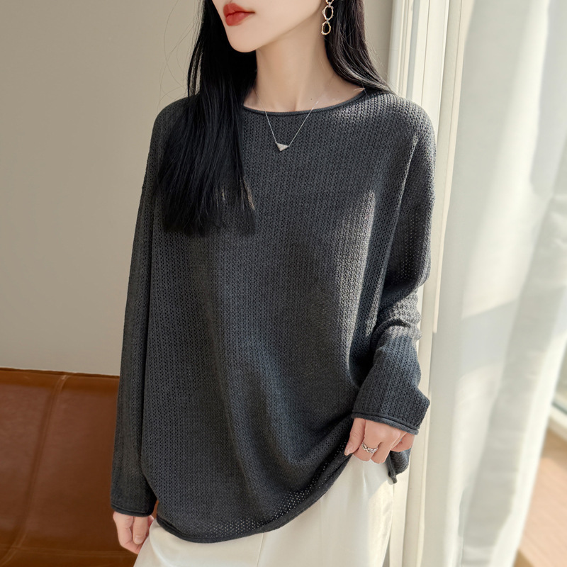 Plus-Size Sweater with Rolled Edges, Off-The-Shoulder Hollow-Out Wool Knitwear for Women, 2026 Spring New Korean Style Loose Sweater for Women Plus-Size Sweater with Rolled Edges, Off-The-Shoulder Hollow-Out Wool Knitwear for Women, 2026 Spring New Korean Style Loose Sweater for Women