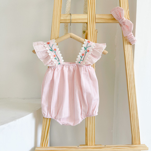 ins Summer Baby Onesie Sleeveless Harness Korean Style Plaid Jacquard Baby Coverall Going Out Romper