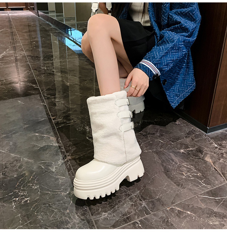 Giày boot nữ cổ thấp đế dày lông ấm khóa thắt lưng — Trắng nhạt 15CM chi tiết 14
