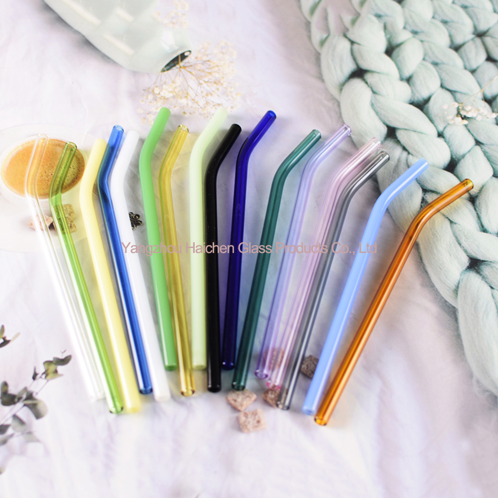 Amazon Venta caliente manchado traje de paja vidrio protección ambiental resistente al calor bebida leche codo 0,8*20cm6 tubo 2 Cepillos