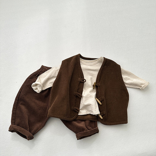 Children's Japanese-style corduroy waistcoat sleeveless vest, new spring and autumn style for boys and girls, retro wooden-button corduroy waistcoat