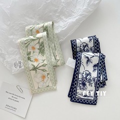 Chic Multi-functional Narrow Long Strip Small Silk Scarf Rose Print Simulated Silk Spring Summer Hair Tying Bag Tying Hair Band