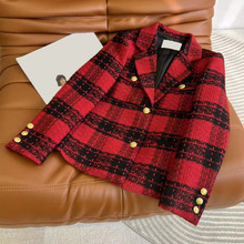深圳南油原单外贸女装新款复古时髦单排金扣编织花呢羊毛格纹外套