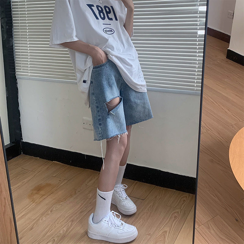 5151牛仔短裤女夏薄款高腰宽松显瘦直筒阔腿五分中裤ins潮