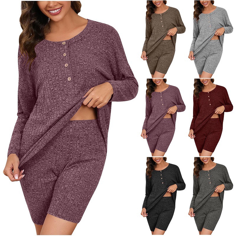 Foreign Trade Women's Autumn and Winter New Fashion Casual suit Multi-color Rib Knitted Home Sportswear Two-piece Set