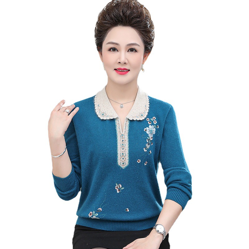 Embroidered Long-sleeved Sweater Warm Mother's Clothes Middle-aged and Elderly Women Over 50 Years Old Autumn and Winter Mink Velvet Base Shirt Lapel