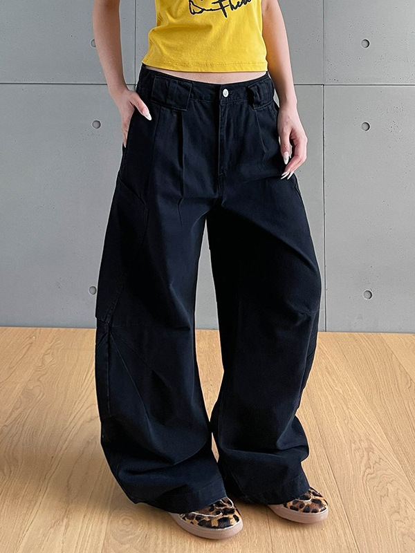 美式复古压褶立体剪裁休闲工装裤男女宽松直筒阔腿拖地弯刀牛仔裤|undefined