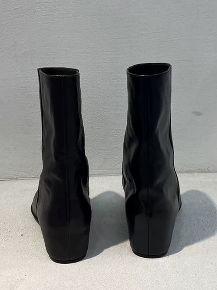 Bốt cổ ngắn nữ da bò mũi vuông độn đế kiểu xỏ chân, bốt Chelsea cổ lửng gót 3–5 cm — màu đen, Đen (lót nhung) chi tiết 6
