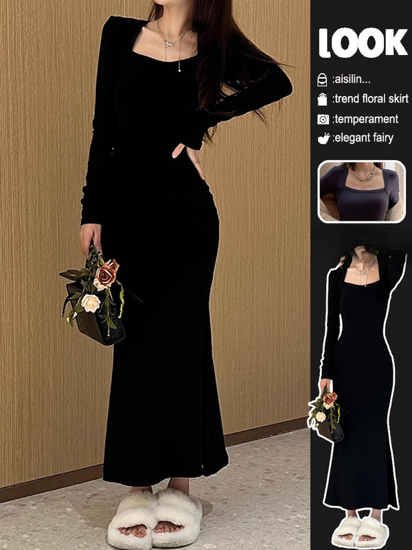 2024 New Early Autumn Short Long-sleeved Black Dress Women's Elegant Slim-fit Hip Fishtail Dress
