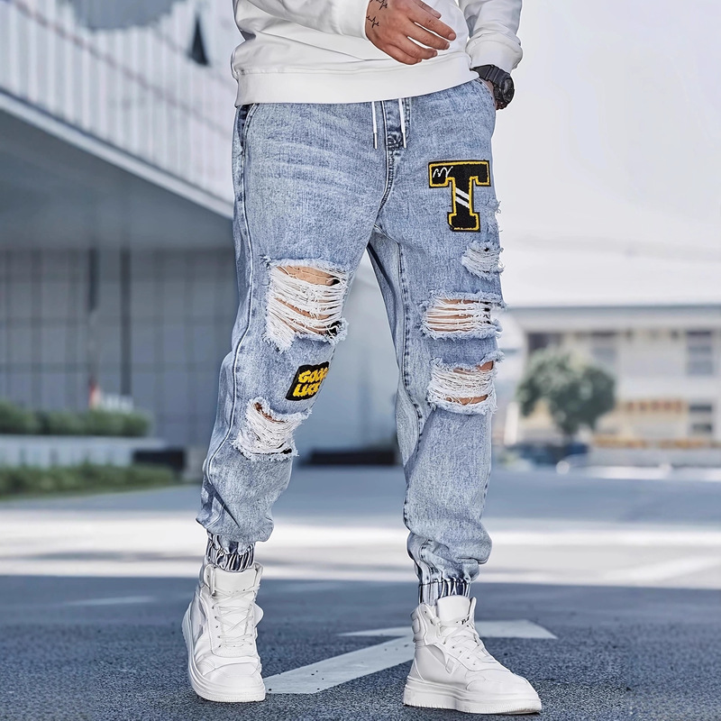 Men's Blue Ripped Skinny Jeans with Heavy Art Style, European and American Fashion Versatile Foreign Trade Long Pants