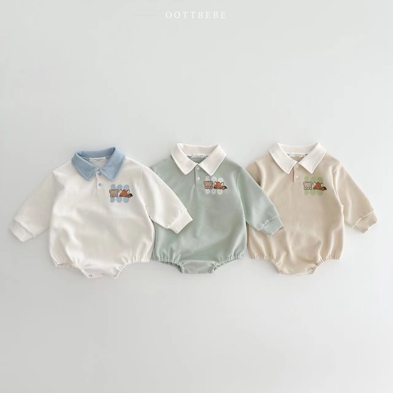 INS estilo coreano de dibujos animados impreso solapa mameluco para niños y niñas de primavera y otoño de algodón camisa de cuello mono mameluco