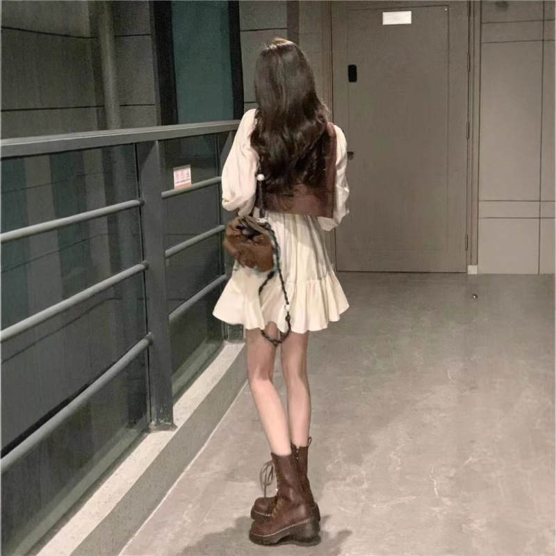 フレンチジェントルスタイルのウエストストラップドレス女子学生+ショートベスト2点セット|undefined