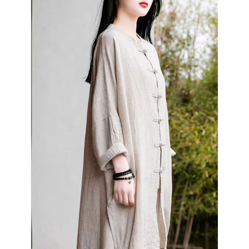 亚麻复古衬衫女2025宽松中长款长袖太极服上衣棉麻衬衣裙|undefined