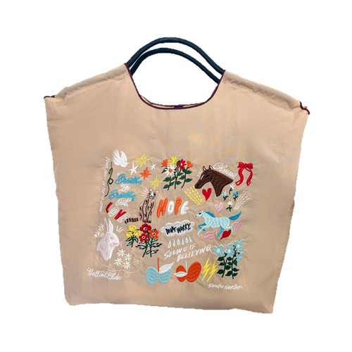 New Japanese-style ball chain embroidery versatile shopping bag, niche cross-stitch embroidery nylon tote bag, eco-friendly bag