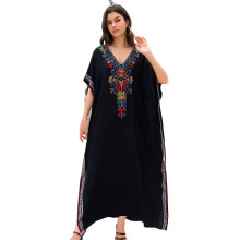 2025新款人棉彩色绣花沙滩罩衫中东长袍式度假防晒衫比基尼外罩衫