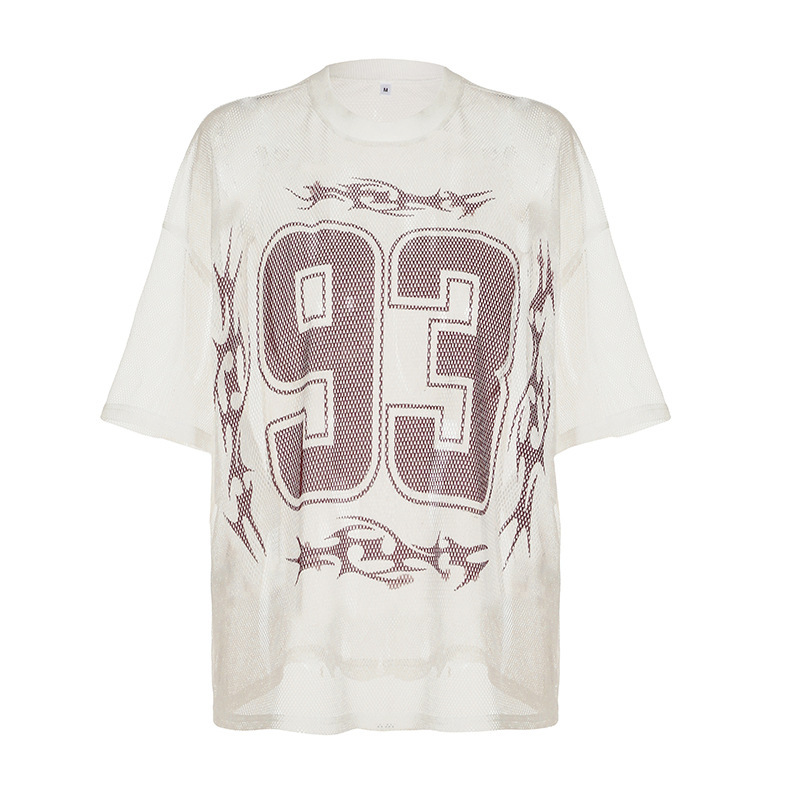 アメリカンストリートヒップホップスタイルメッシュホールデジタルプリントTシャツレディース夏ルーズビッグバージョンカジュアルスポーツジャージトップ