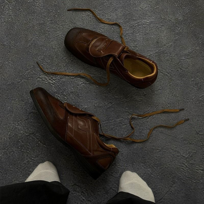 Men's Brown Square-Toe Leather Training Shoes, Couple's Ballet Shoes, British Casual Cleanfit Shoes for Women