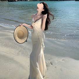 现货 希腊女神感 玫瑰胸花飘带 飘逸鱼尾下摆修身吊带长裙图片色