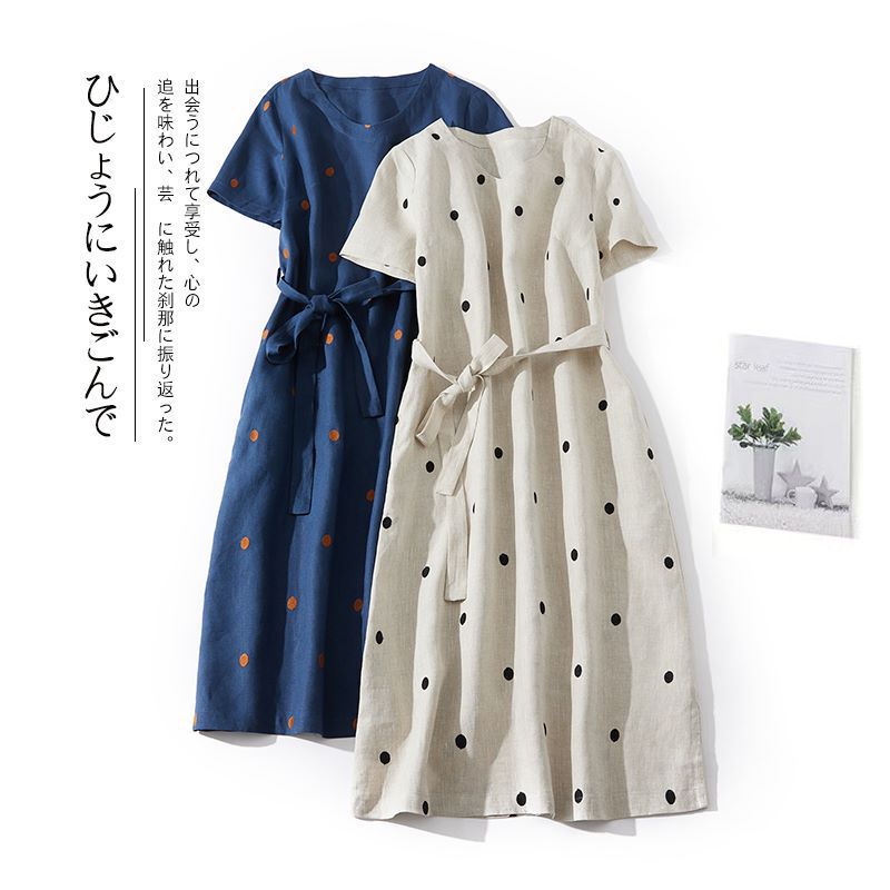 Real 2023 New Arrival Linen Printed Artistic Polka Dot Mid-Length Dress