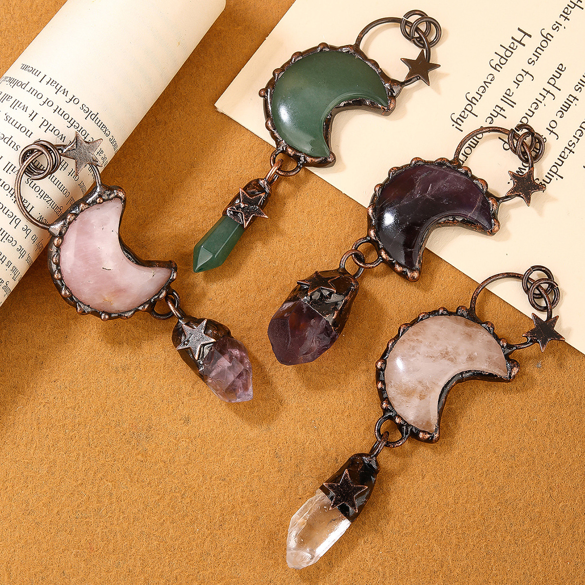 Cross-Border Retro Style Moon and Star Crystal Aventurine Pink Quartz Amethyst Bronze Sweater Chain Pendant Handmade Crystal Pendant
